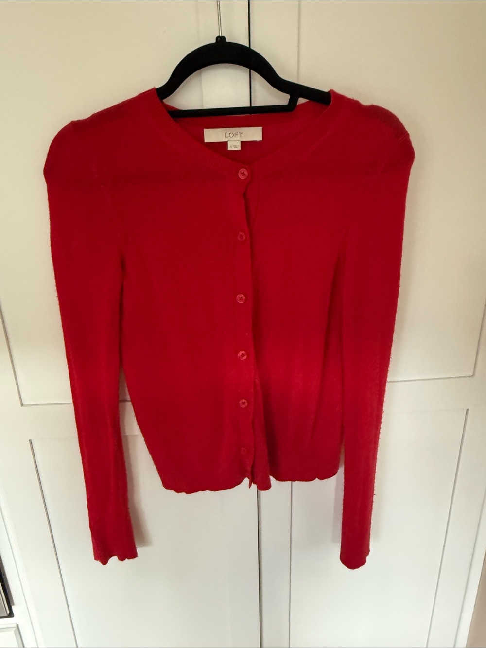 LOFT Bright Red Crewneck Button-Front Cardigan